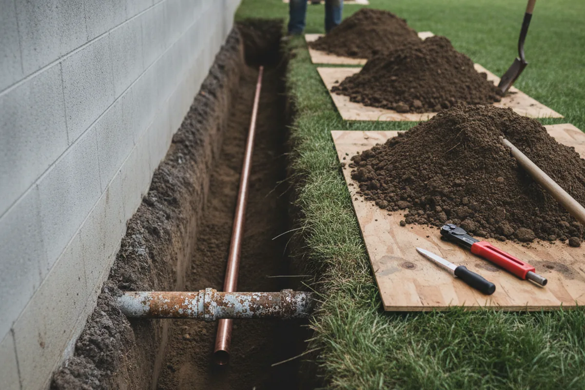 Excavated water line trench during Water Softener Installation in Belcamp